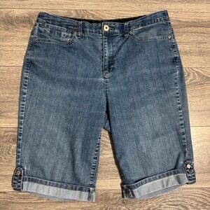 Christopher & Banks Women Denim Bermuda Jean Shorts Cuffed Roll Tab High Rise 10